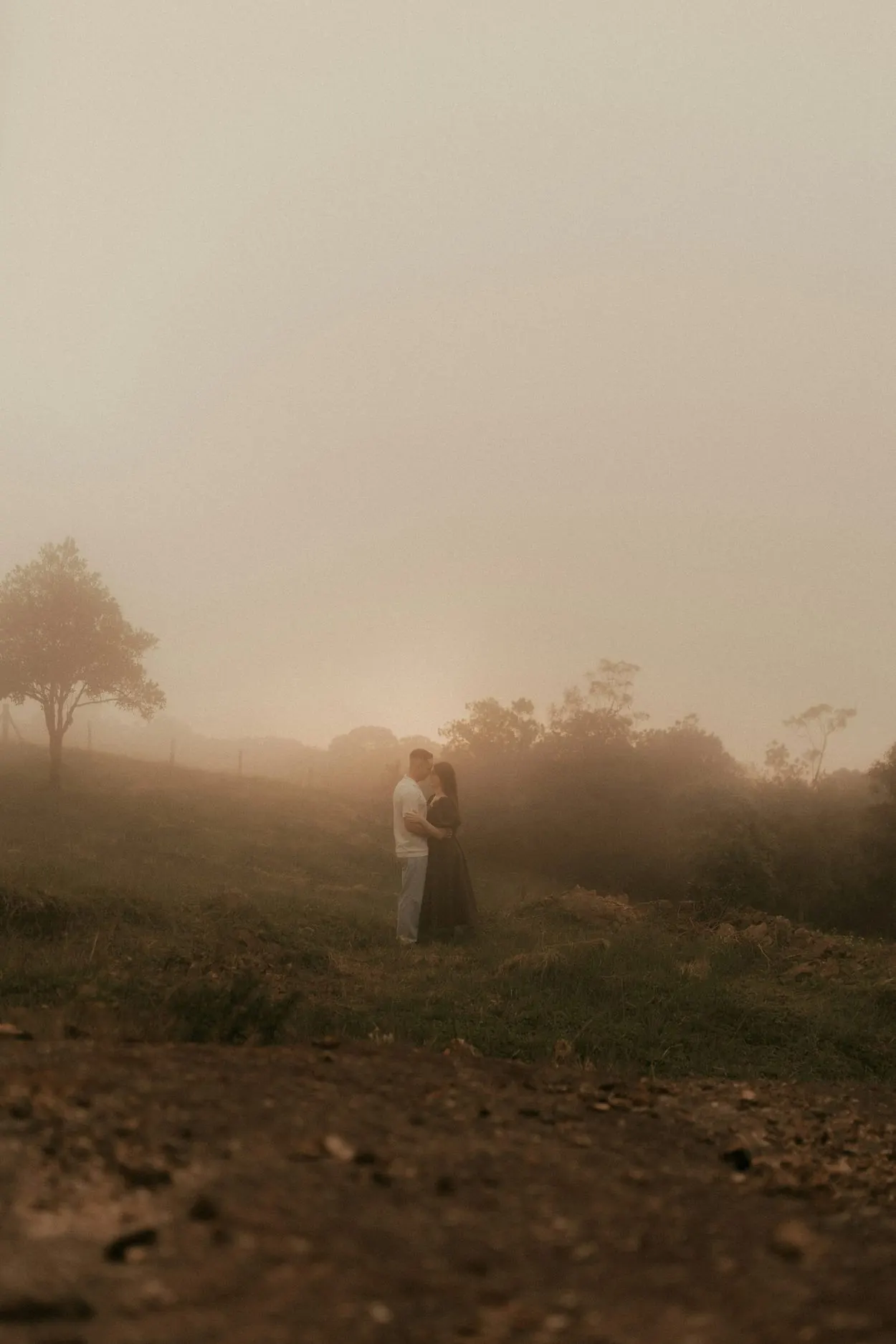 A couple embracing in a misty landscape